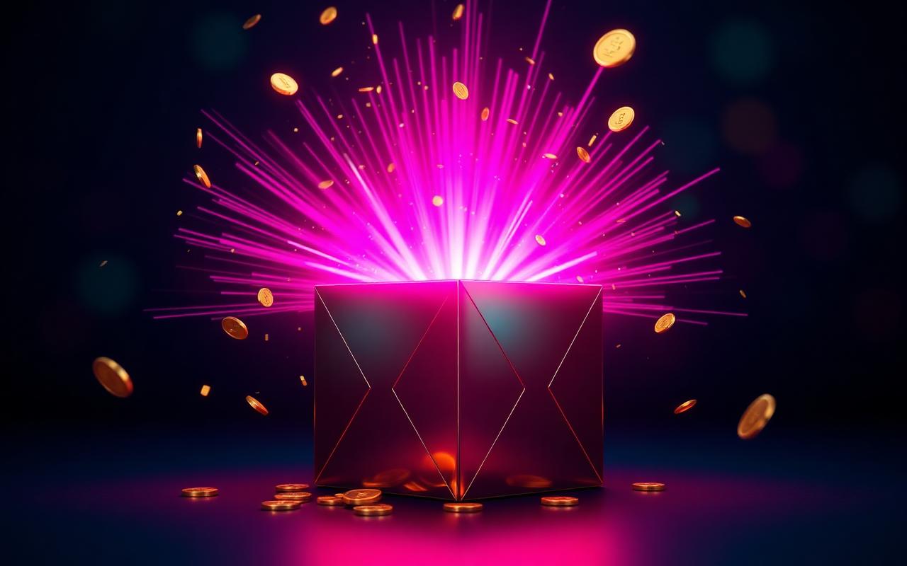 Glanzende geschenkbox met emerald en magenta lichteffecten