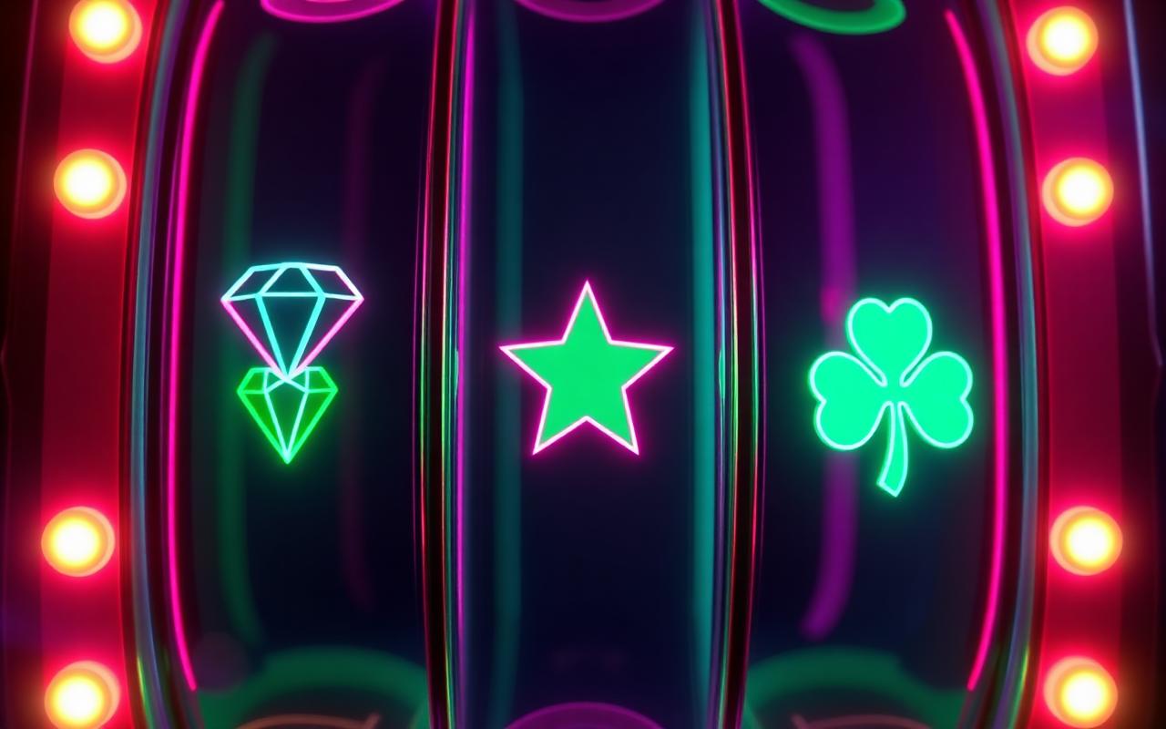 Slot symbolen in emerald en magenta neon