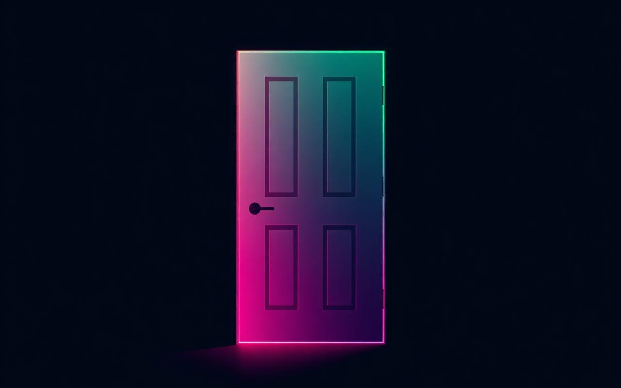 Symbolische deur met emerald en magenta licht