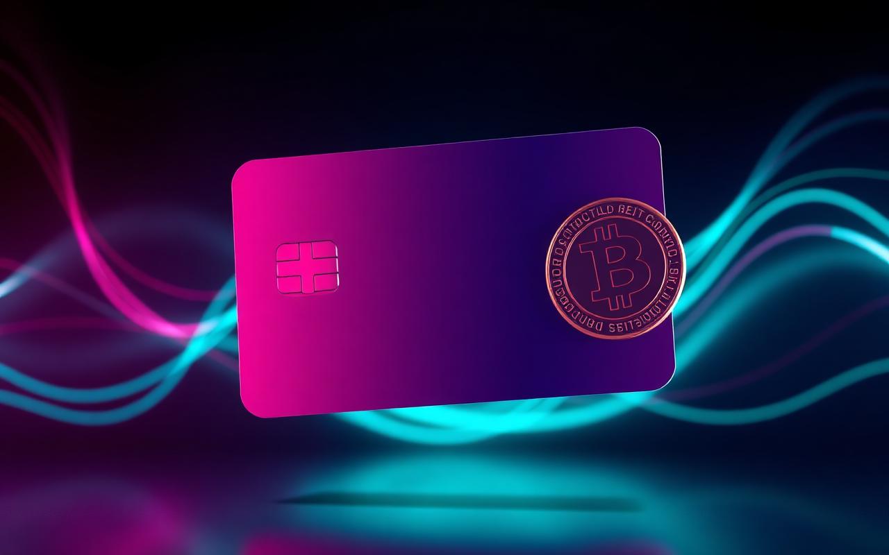 Floating betaalkaart en crypto-munt in neon licht