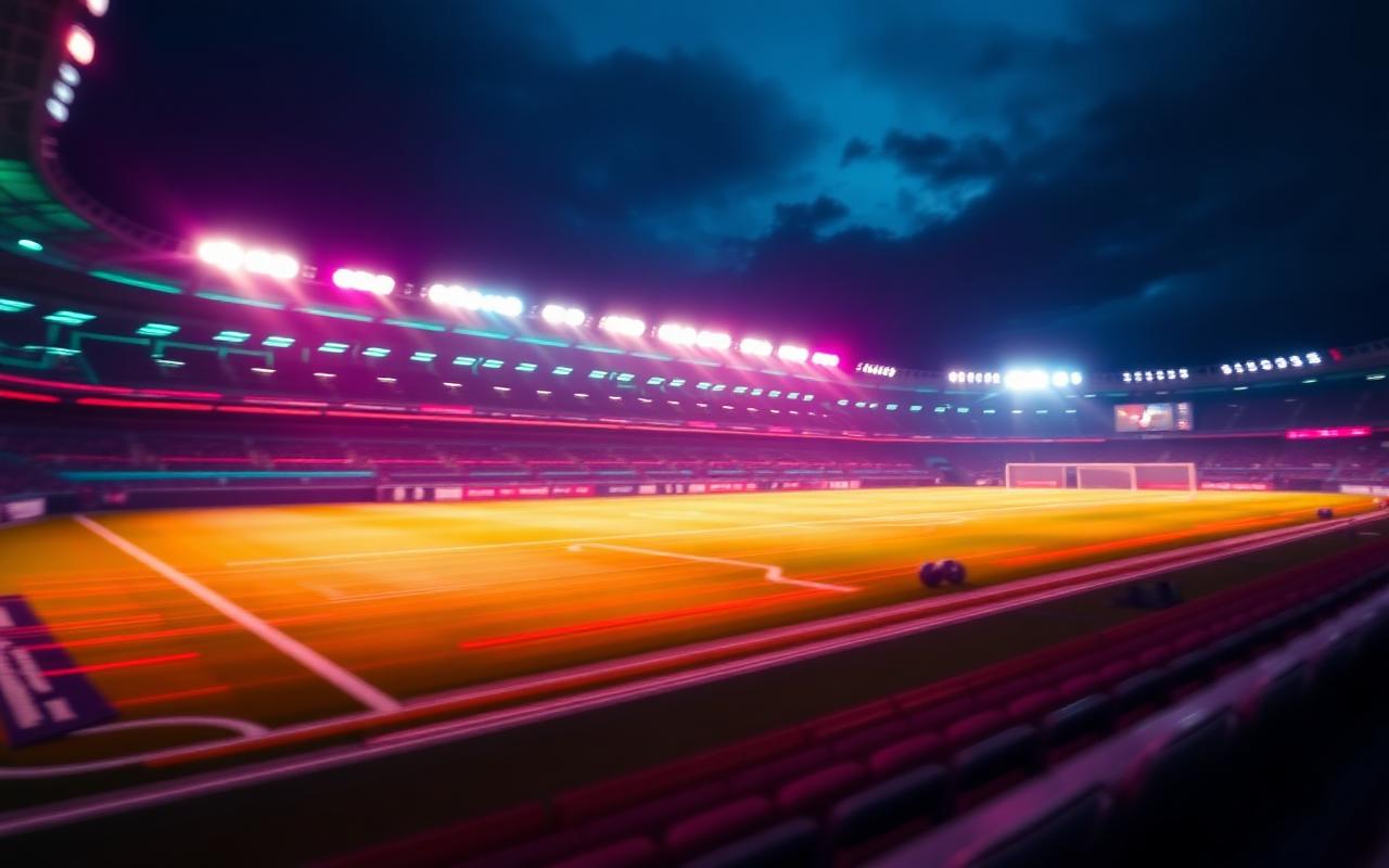 Sportstadion bij nacht in emerald en magenta licht